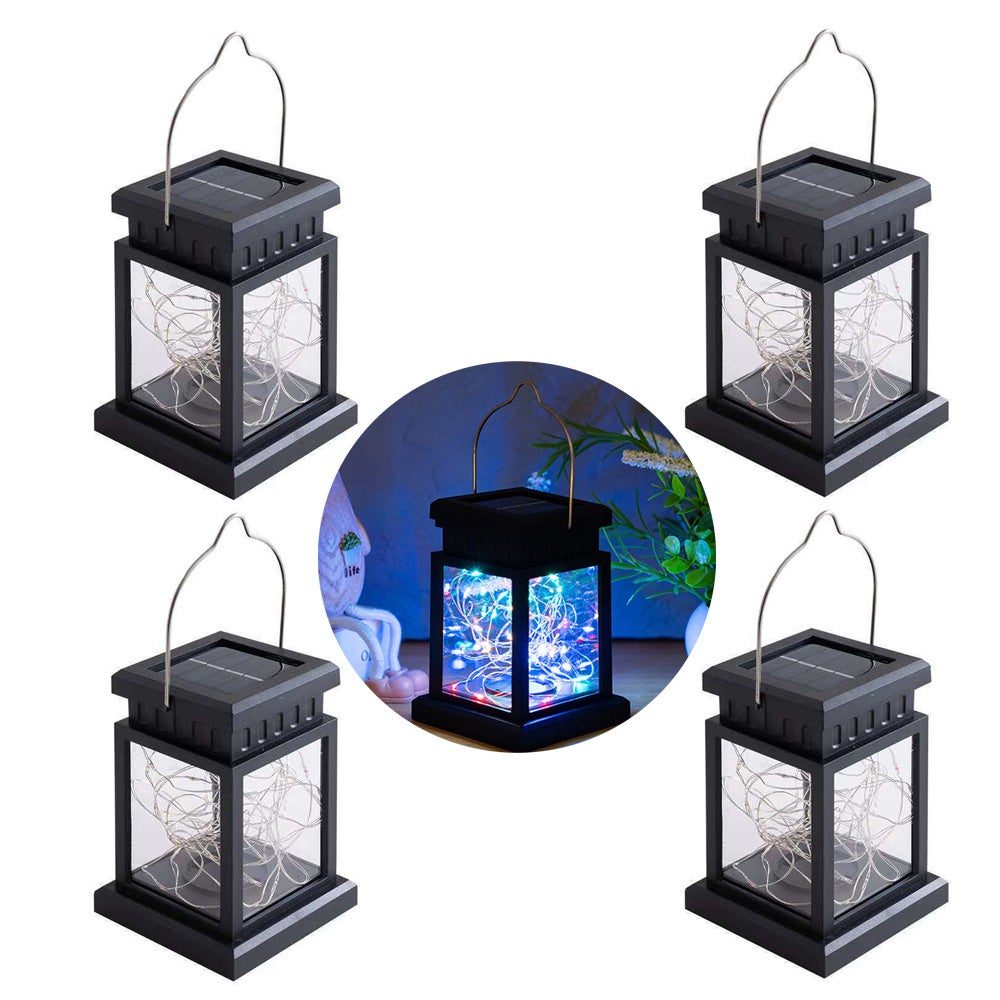 Zestaw 4 solarnych lampionów zewnętrznych do zawieszenia, do ogrodu, na taras, trawnik, patio, dziedziniec, alejkę - Światła w kolorze gwiazd