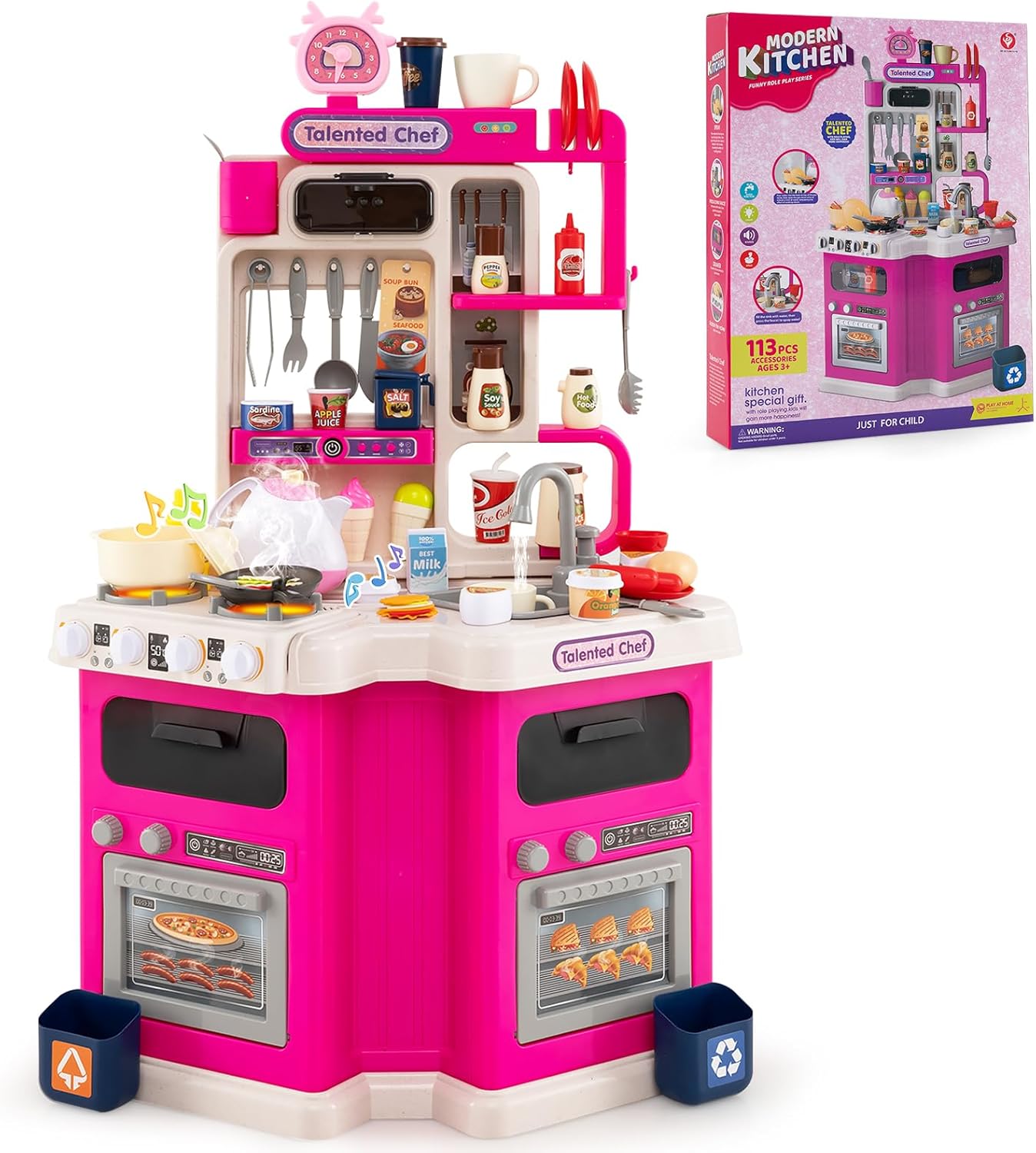 Kuchnia dla Dzieci, Efektami Dźwiękowymi i Świetlnymi, Zlew z Cyrkulacją Wody, Zestaw do Zabawy w Szefa Kuchni dla Dzieci Powyżej 3 Lat (Różowy)