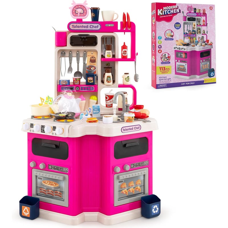 Kuchnia dla Dzieci, Efektami Dźwiękowymi i Świetlnymi, Zlew z Cyrkulacją Wody, Zestaw do Zabawy w Szefa Kuchni dla Dzieci Powyżej 3 Lat (Różowy)