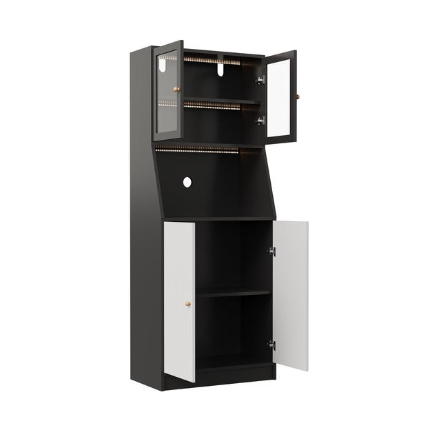 Armoire de Cuisine Colonne 180cm, Buffet avec Éclairage, Étagères Réglables, Plan de Travail et Portes en Verre Transparent, 70x40x180cm - 6