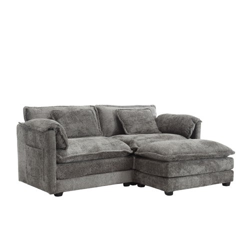 Sofá minimalista de 2 plazas con reposapiés, tejido de chenilla beige, dimensiones 145 x 80 x 85 cm