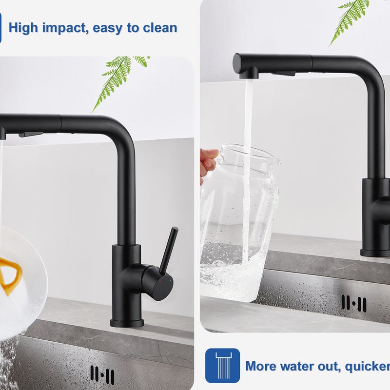 LOVHAUS Bateria Kuchenna z Wyciąganą Wylewką, Bateria Wysokociśnieniowa Obrotowa 360°, Dwa Tryby Natrysku, Czarna