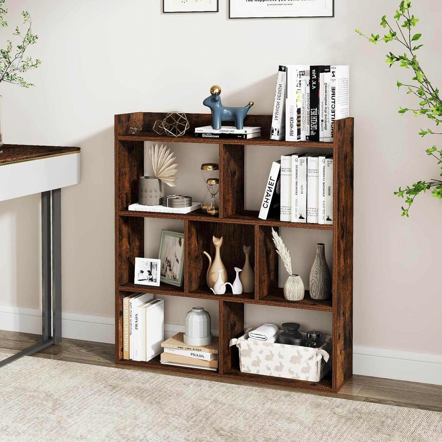 Regał Biblioteczny z 7 Otwartymi Przegrodami, Drewniana Półka na 3 Poziomy z Zestawami Zabezpieczającymi przed Przewróceniem, 80x20x90 cm (Brązowy)