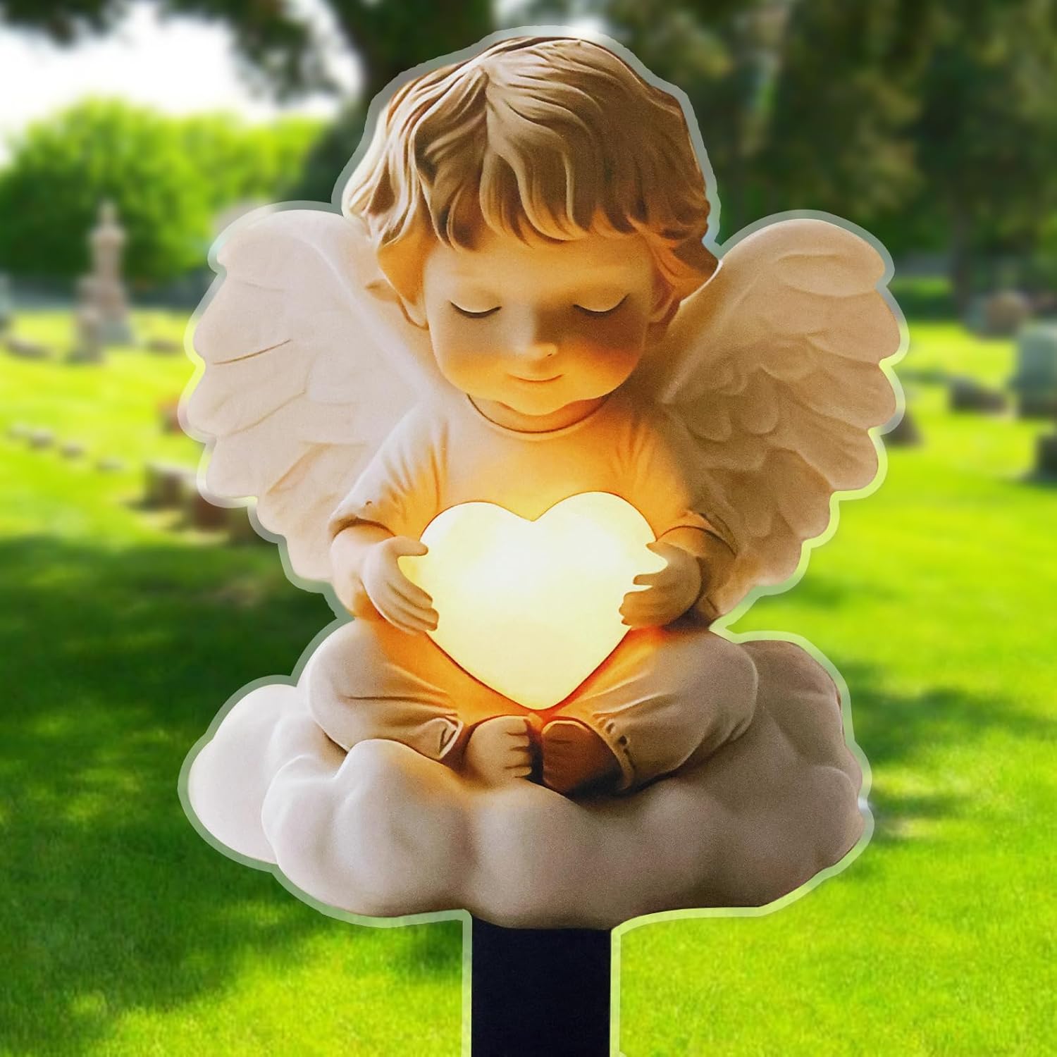 Dekoracja cmentarna z aniołem, akrylowy palik ogrodowy, dwuwymiarowa wodoodporna dekoracja ogrodowa z aniołem, dekoracja pogrzebowa (siedzący anioł)