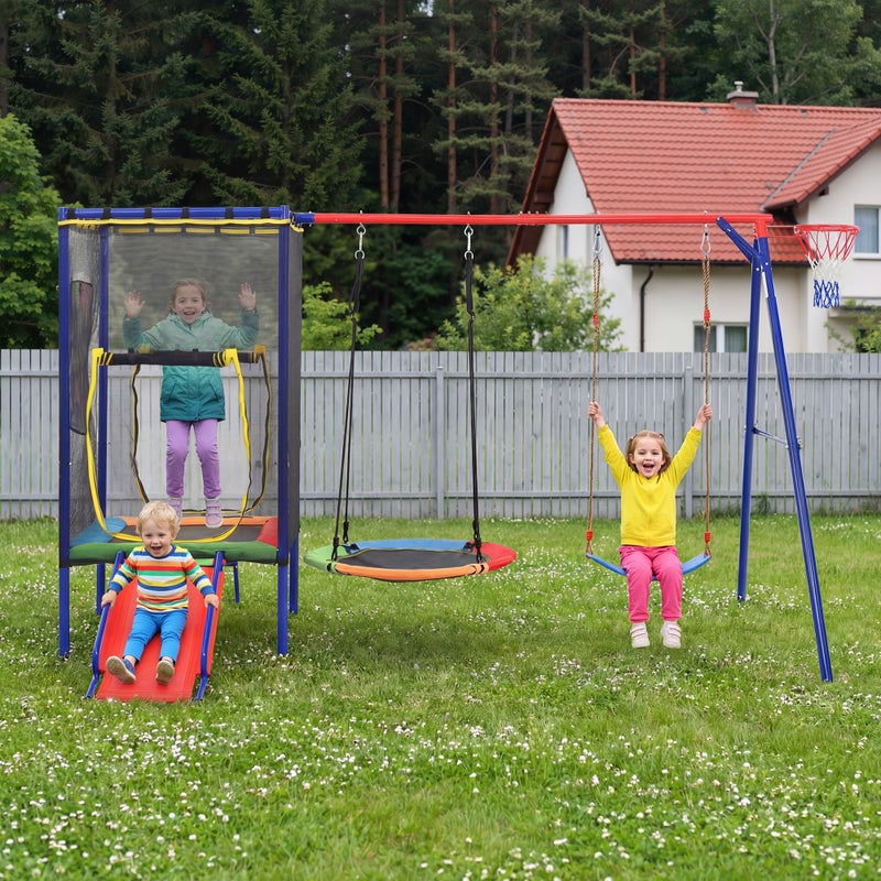 Zestaw huśtawek 3 w 1 z koszem do koszykówki i trampoliną, zjeżdżalnia dla dzieci w wieku 3-8 lat - 336 x 217 x 198 cm - żelazo - wielokolorowy