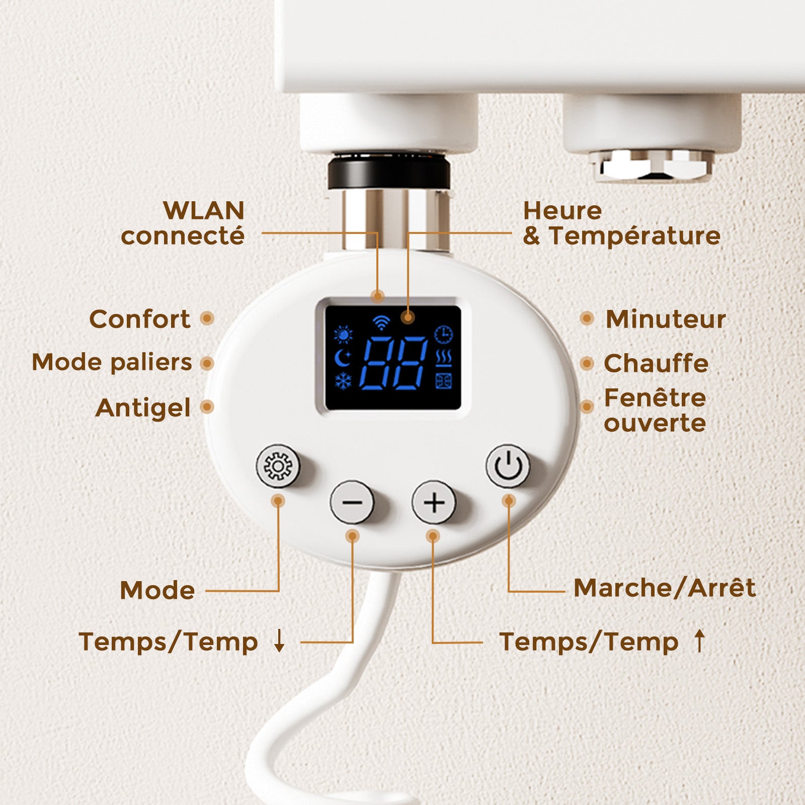 Grzałka elektryczna 1200W do grzejnika łazienkowego, element grzewczy z termostatem, WiFi, kolor biały - 3