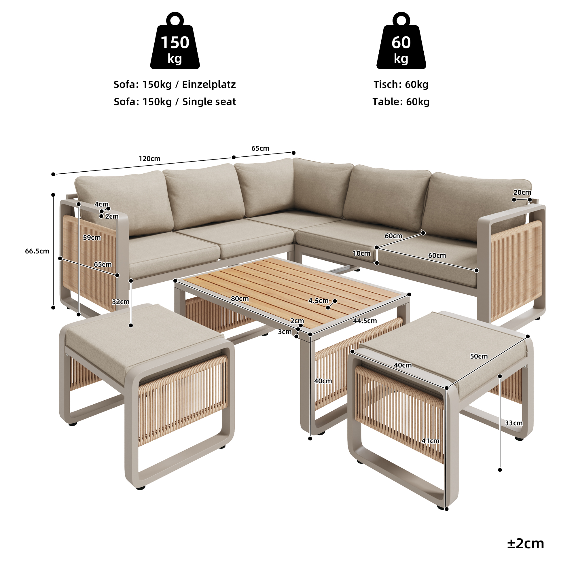 Salon de jardin corde tissée à la main pour 6-7 personnes,avec pieds de chaise réglables,Ensemble de canapé d'angle extérieur avec table basse,Beige - 3
