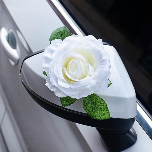 Décoration Voiture Mariage, Kit de décoration de Voiture de Mariage, Fleurs artificielles Blanches et Ruban Blanc pour Voiture de Mariage - 2