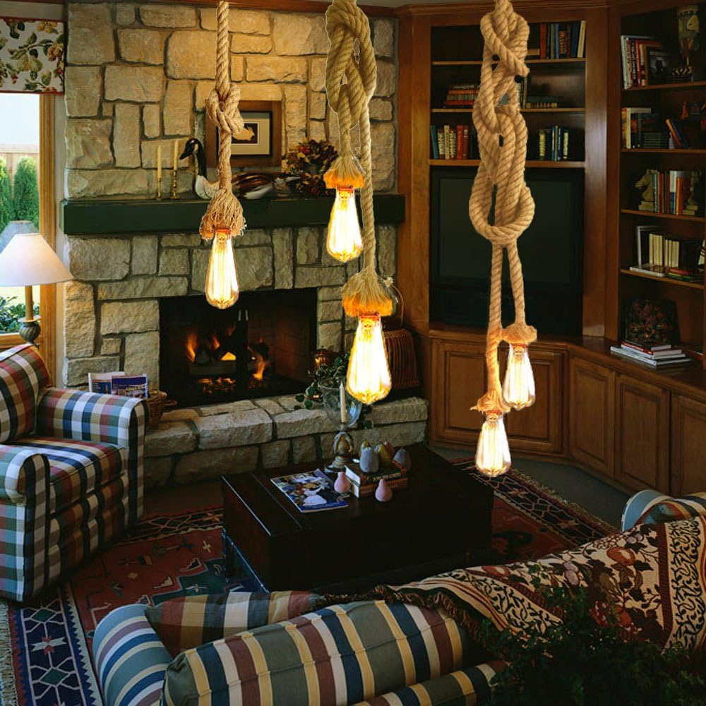 Psytfei 2M E27 Vintage Chanvre Corde Plafonnier Base Pendentif Lampe Ampoule Titulaire 85-265V Pour La Maison Restaurant Bar Hôtel(2 * Titulaire