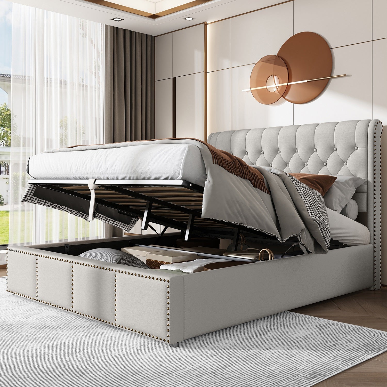 Lit Coffre 140x200 Cm Avec LED - Velours Blanc, Tête De Lit Rembourrée - Rangement Intégré, Charge 300kg - Sans Matelas
