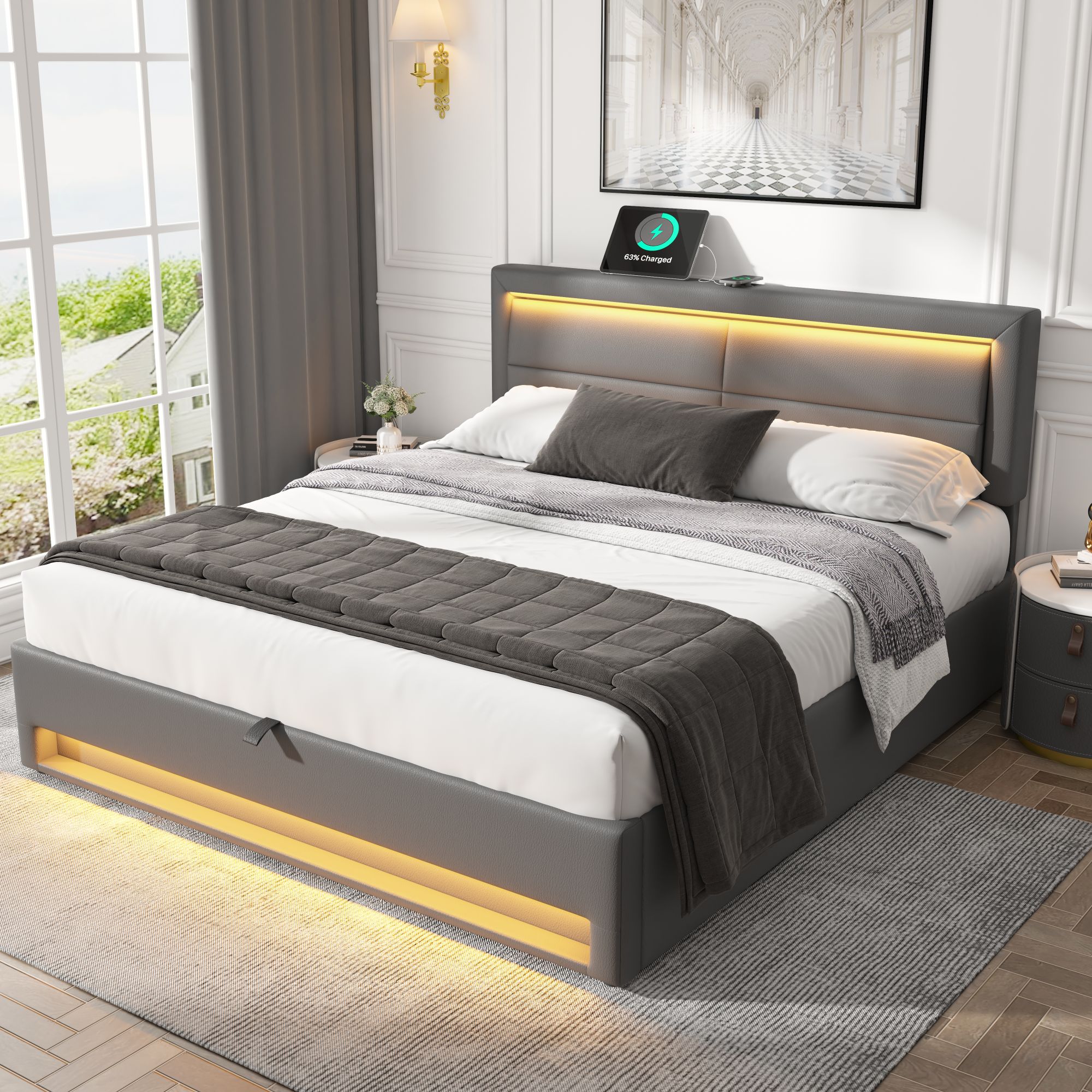 Łóżko z pojemnikiem 160x200 cm z ekoskóry z LED - z portami ładowania (przewodowym i bezprzewodowym) - Szare - 3