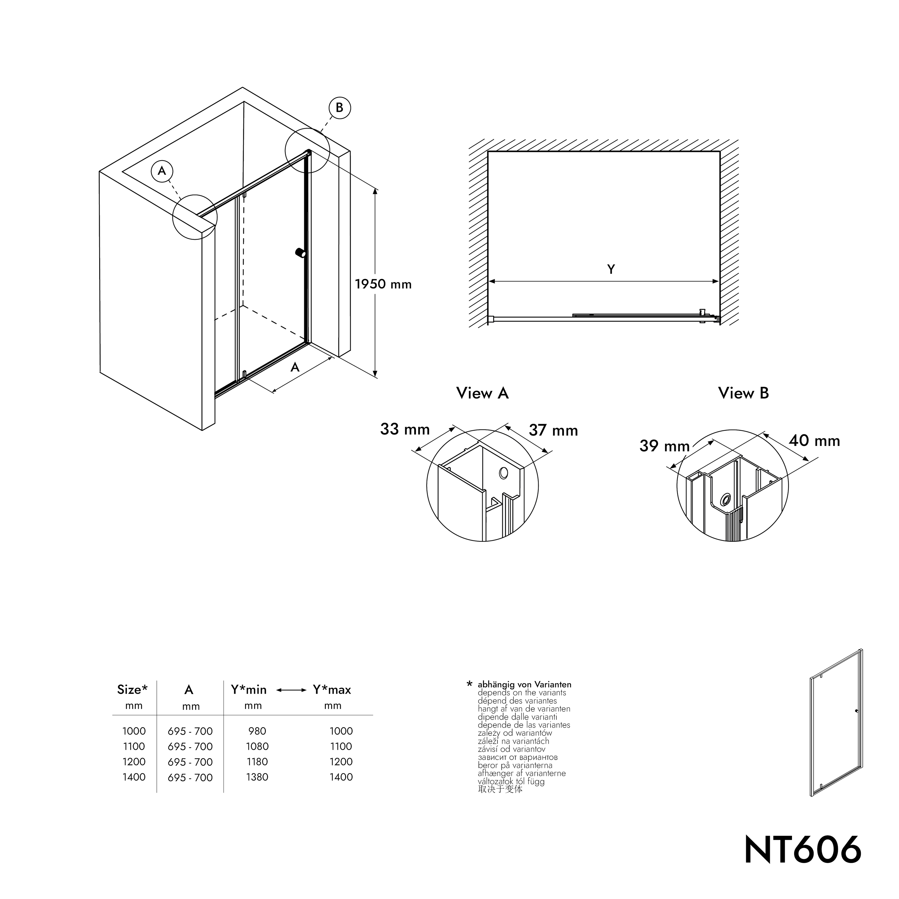 BERNSTEIN - Parete doccia a nicchia 110x195cm, profilo nero opaco, vetro 6mm, Box doccia ad incasso 1 anta battente - NT606 FLEX - 3