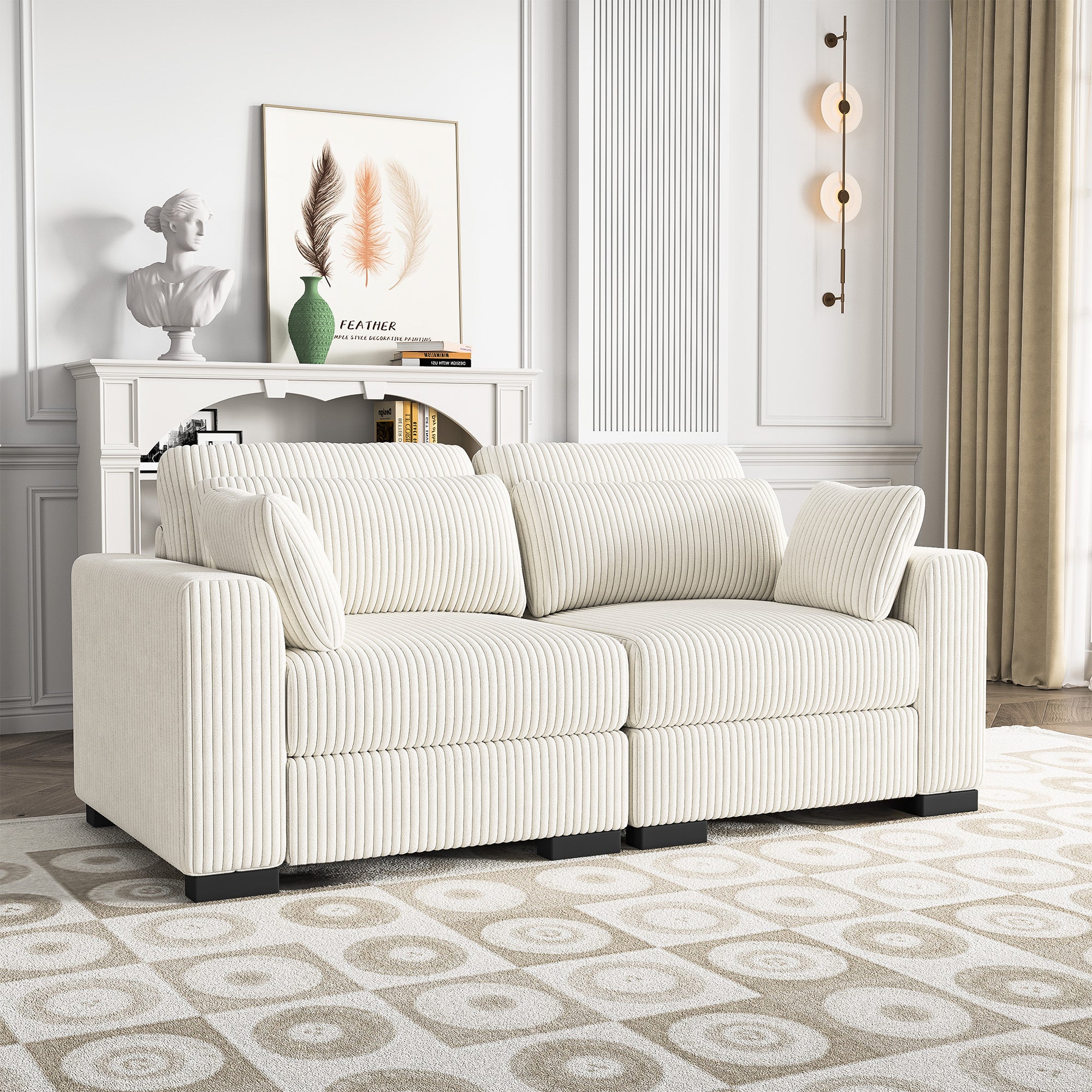 Canapé Convertible 2 Places en Velours Côtelé, Canapé Modulable Canapé d'angle Convertible pour Salon, Chambre, Beige(87.8 x188x 85 cm) - 3