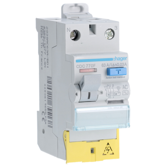 Interrupteur différentiel 2P 63A 30mA type AC à bornes décalées 60Hz - HAGER - CDC770F