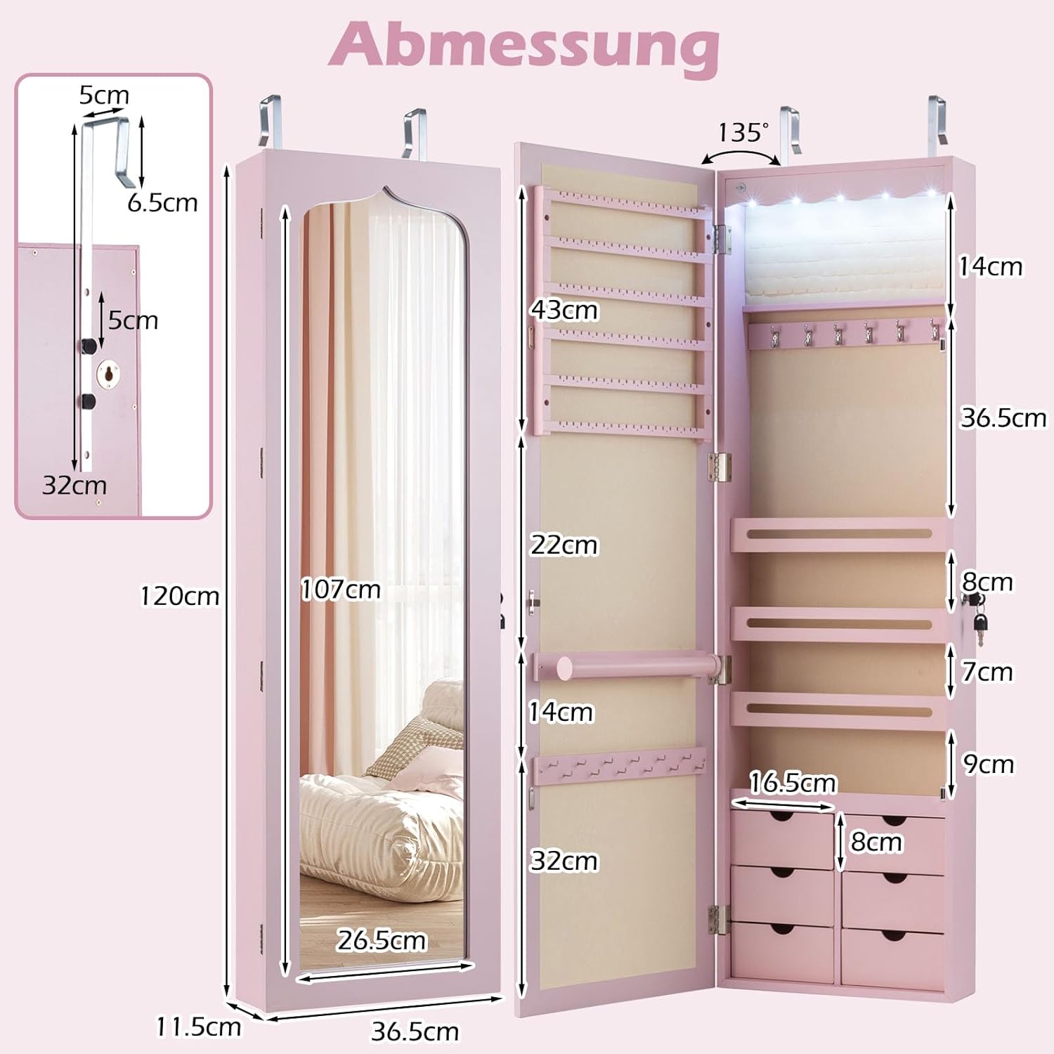 Armoire à Bijoux Mural avec Miroir et Lumière LED, Armoire de Rangement Mural, Accrochée à la Porte avec Serrure (Rose,Tiroir Nomal) - 5