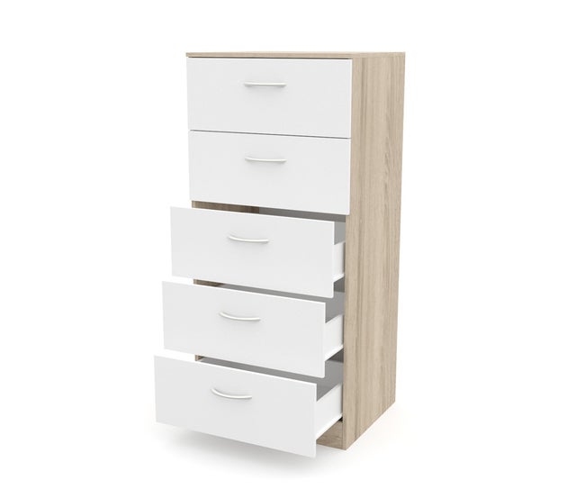 Sinfonier 5 cajones guías metálicas, cómoda Dormitorio, Altura 110cm. Roble cajones blancos Dormidán
