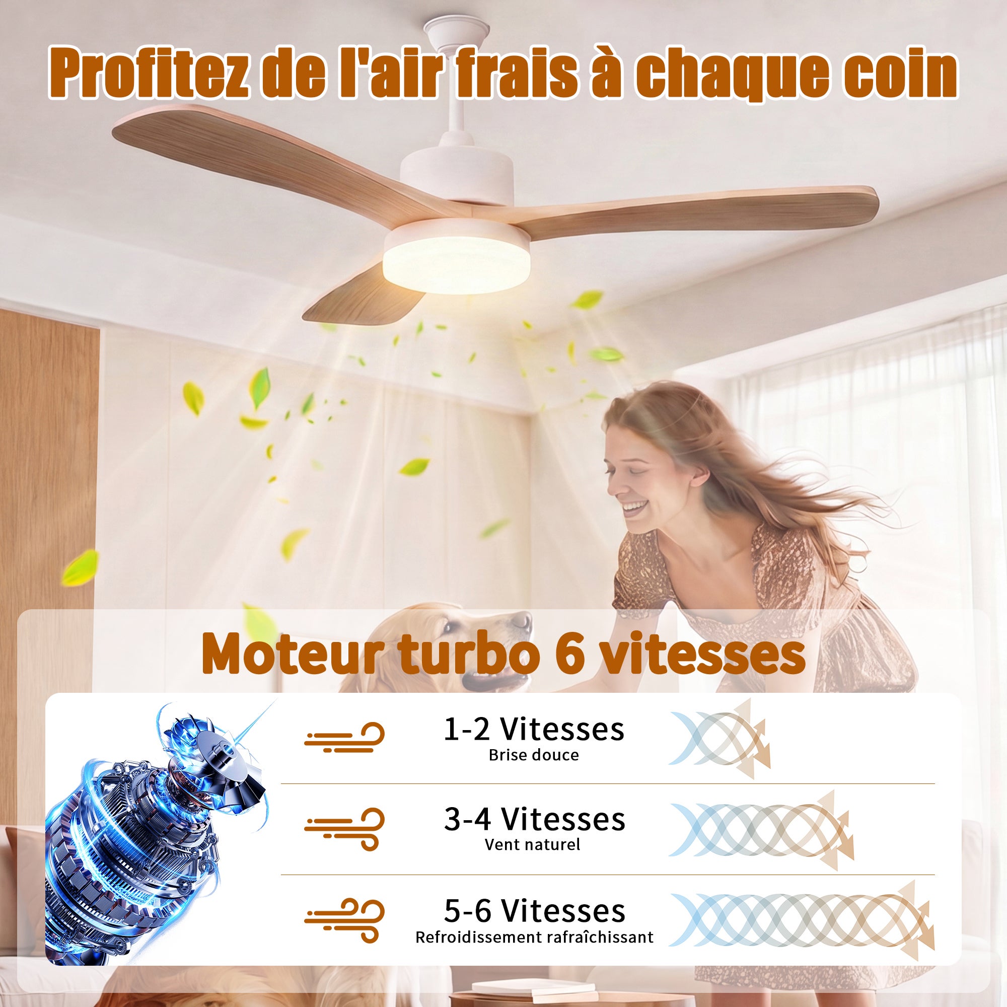Ventilateur de plafond 2-en-1 couleur bois naturel avec éclairage LED (modèle à 3 pales de 42 pouces en bois massif), L106.6cm - 6