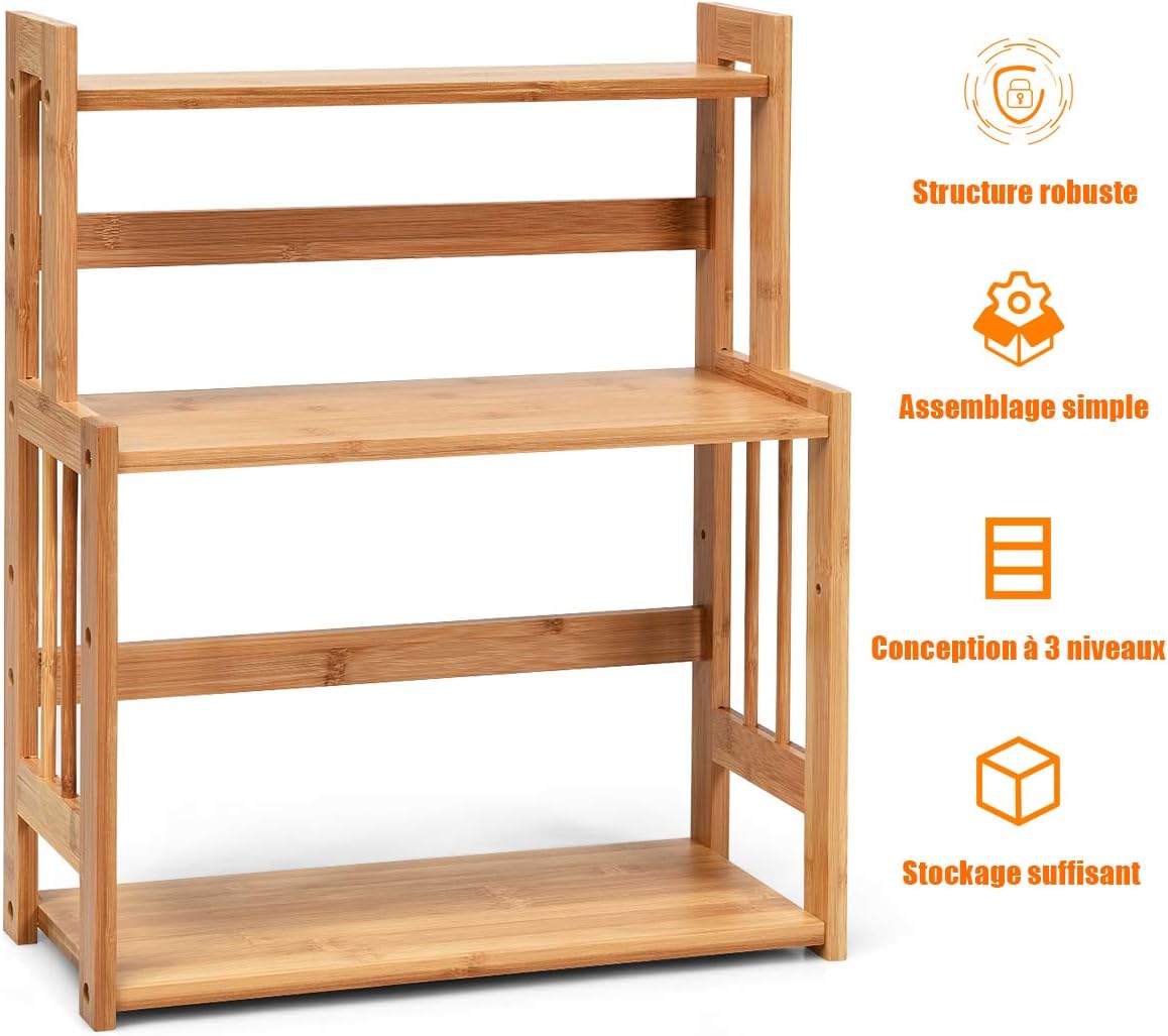 Porta Spezie a 3 Ripiani, Portaspezie Mensola per Cucina Bagno e Toletta, Organizzatore Supporto Porta Spezie in Legno bambù, Carico 20kg, 50 - 6