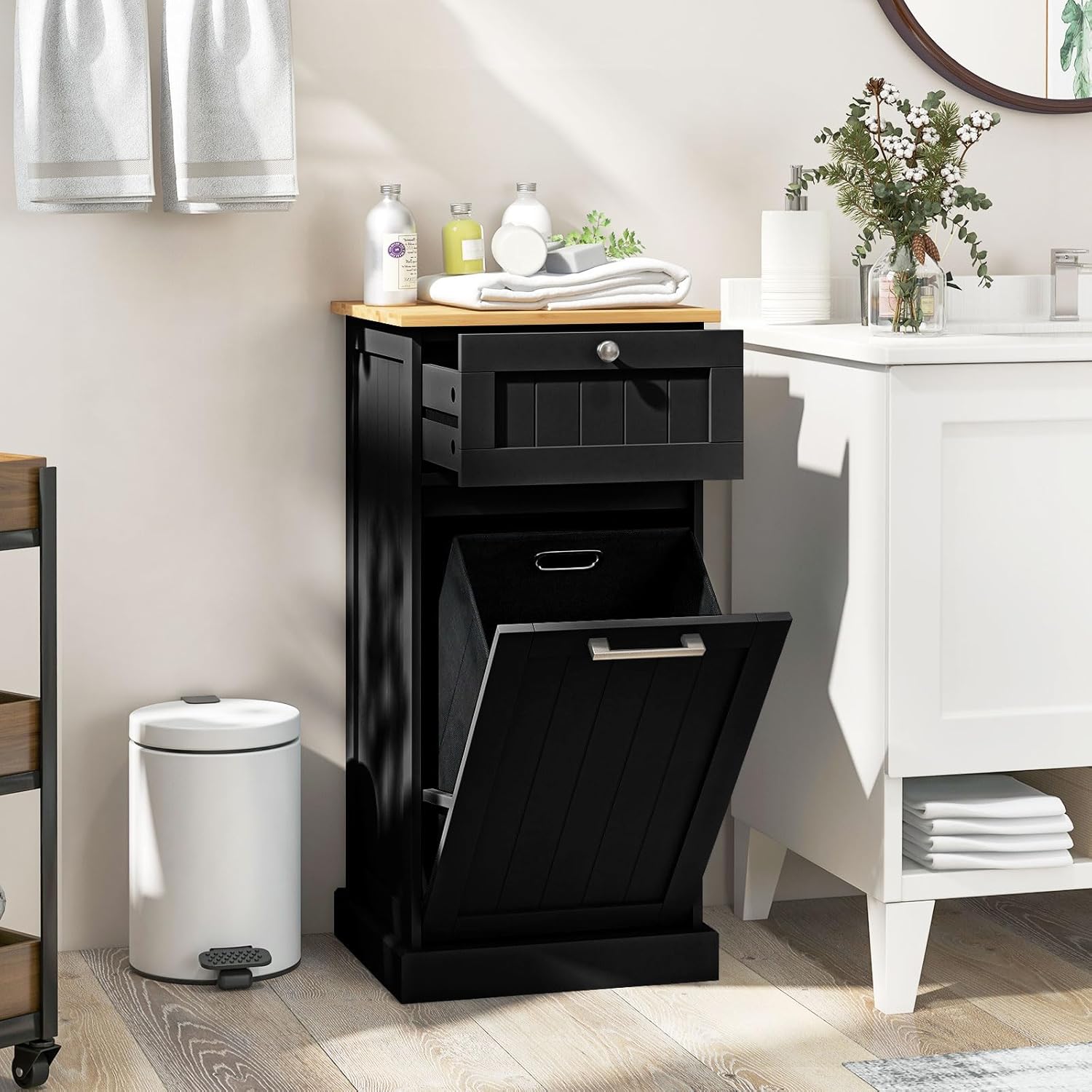 Armoire à Linge Malin Avec Panier Caché - Meuble Salle De Bain Design 40x37x82 Cm Noir - Rangement Pratique Et Discret