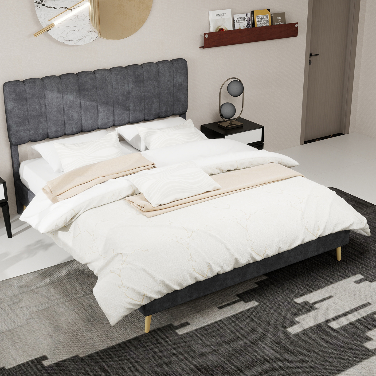 Letto matrimoniale 160x200 cm, testiera, meccanismo a gas, velluto grigio, senza materasso - 8