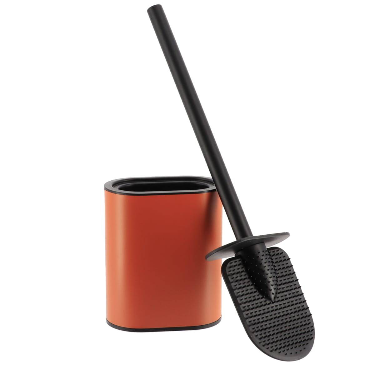 Brosse wc plate en silicone et support metal - terre de sienne/noir - Tendance - 3