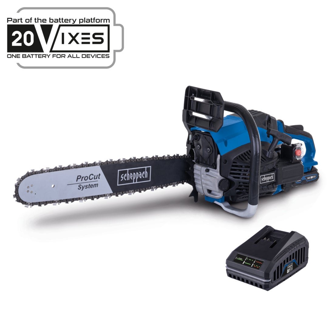 Scheppach Tronçonneuse thermique PCS56E - 56 cm³ - moteur 2 temps - longueur 51 cm - Ø de coupe max 47 cm - 1 bat Li-Ion 2,0Ah + chargeur inclus - 9