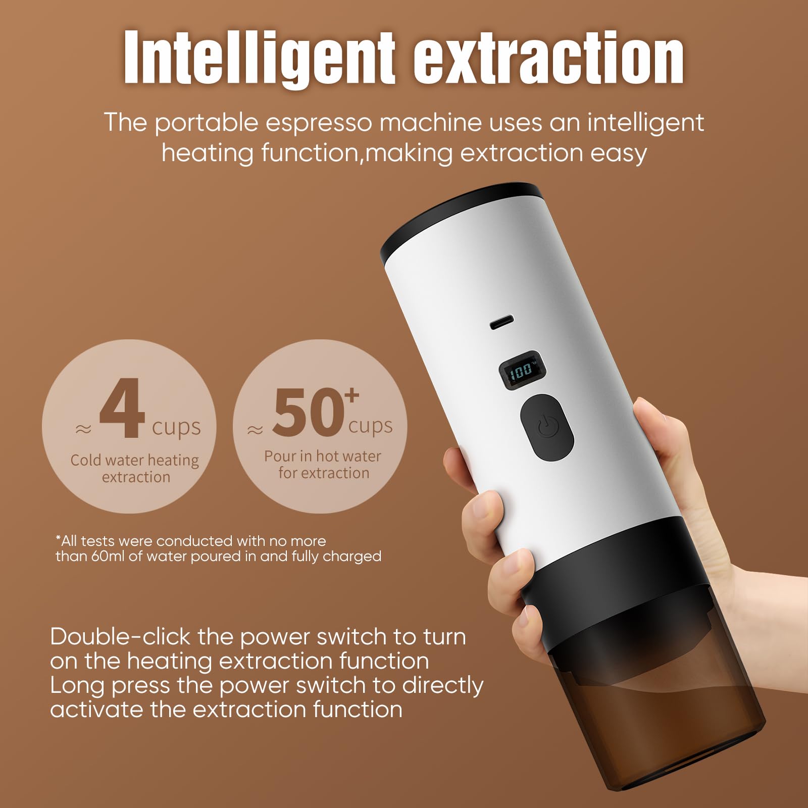 Cafetera eléctrica portátil 3 en 1, molinillo de cápsulas de 72 W, cafetera de viaje con depósito de agua de 90 ml y soporte, color morado - 5