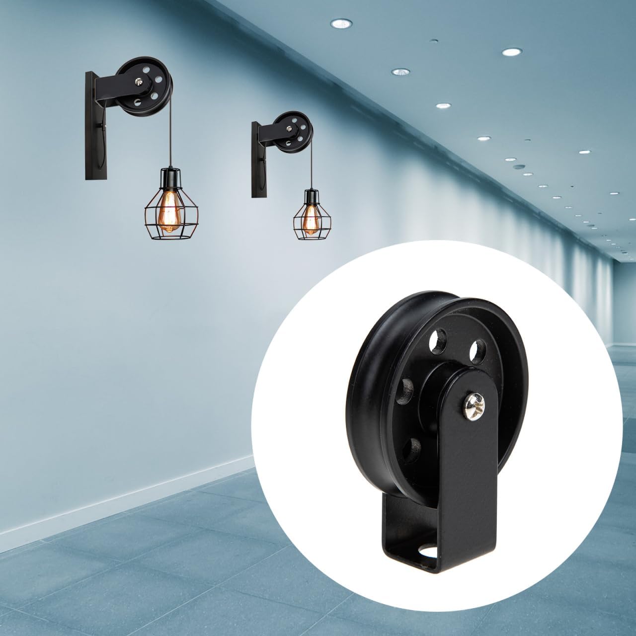Poulie Murale Industrielle Vintage En Fer Noir Accessoire Luminaire Suspendu Pour Chambre Et Salon Décoration Facile À Installer - 4