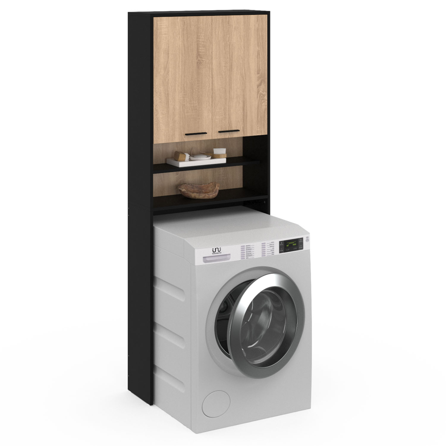 Meuble étagères de rangement dessus machine à laver et WC WALLIS noir et bois façon hêtre - 2