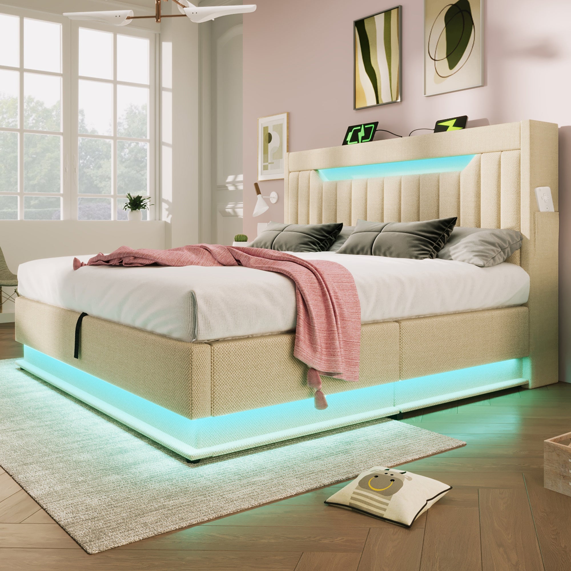 Struttura Letto King Size In Metallo Con Luci LED RGB, Testiera Imbottita Con Portaoggetti E Ricarica USB (2AC+2USB+Type-C), 12 Doghe, Antirumore