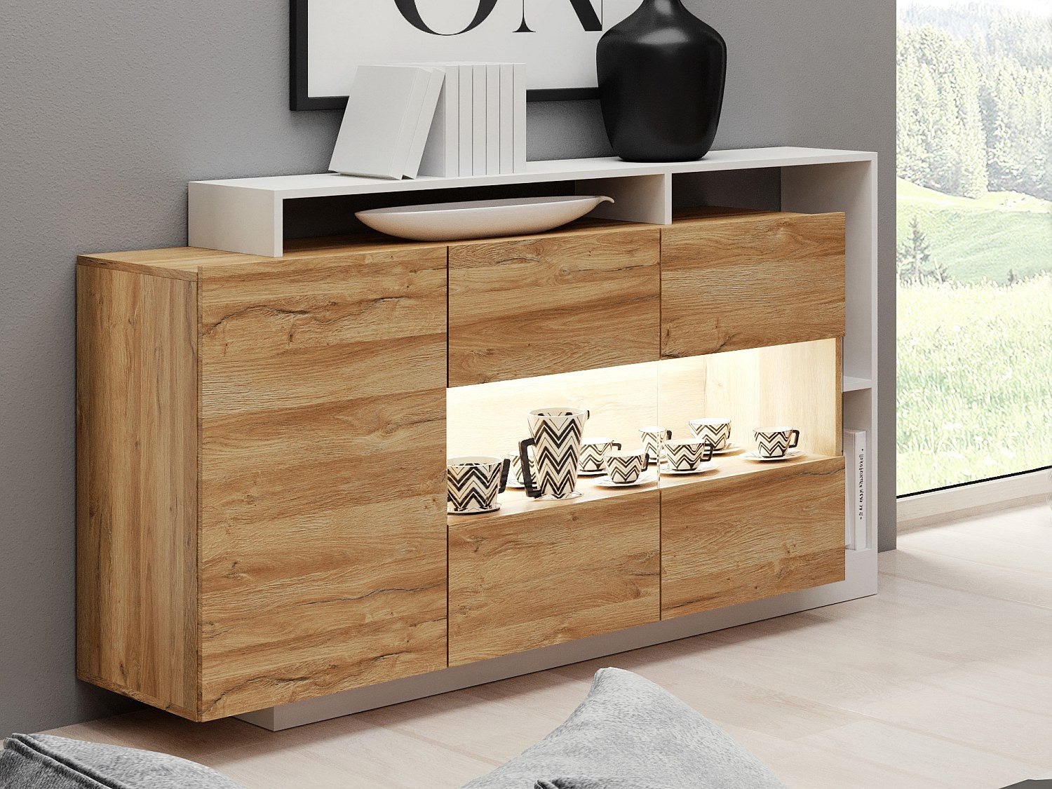 Komoda 3-drzwiowa z 3 wnękami – oświetlenie LED – kolor: naturalny i biały – IDESIA