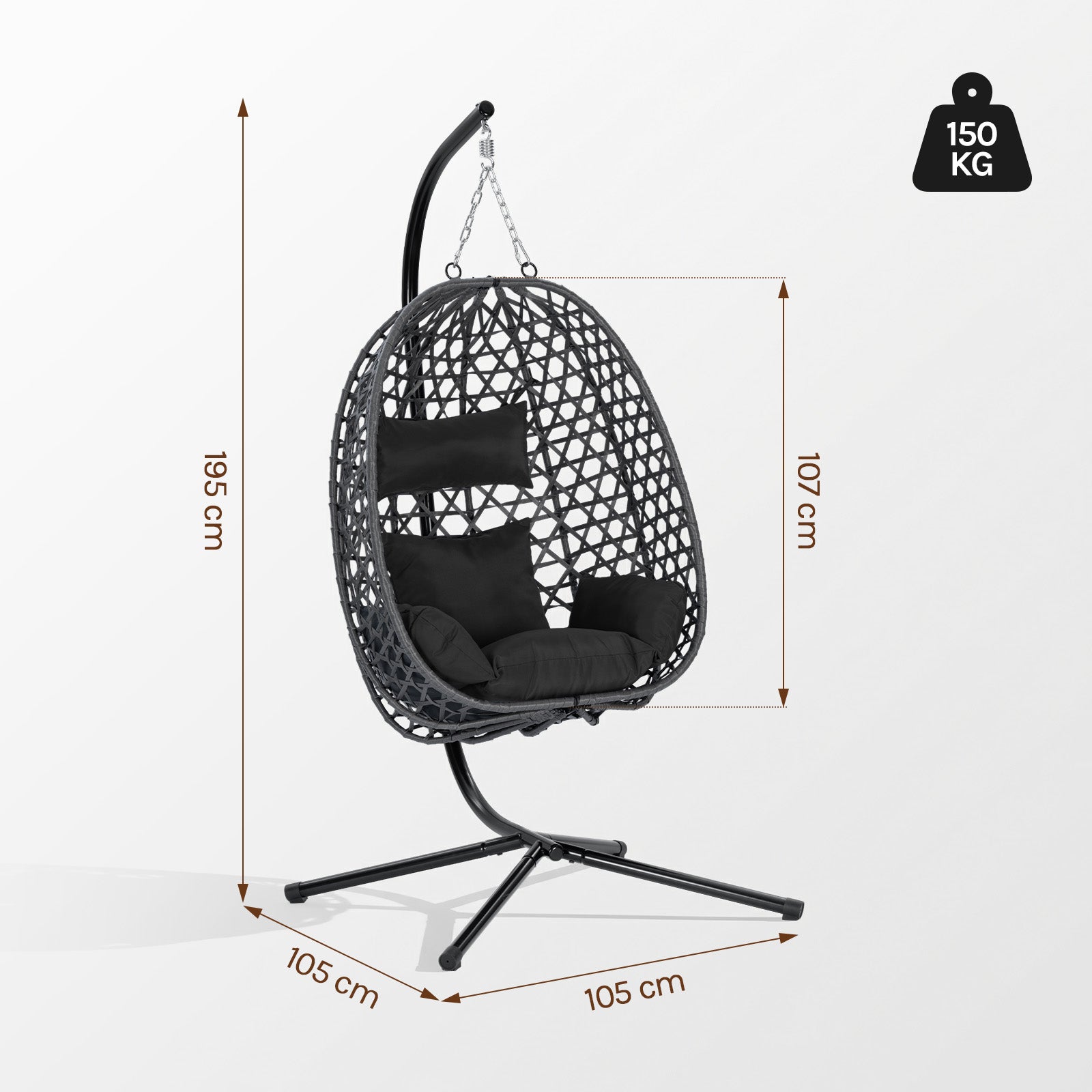 WOLTU Fauteuil Œuf Suspendu avec Support en Métal, Chaise Hamac Balançoire en Rotin PE, Coussin de Siège et Appui-tête, Noir - 4