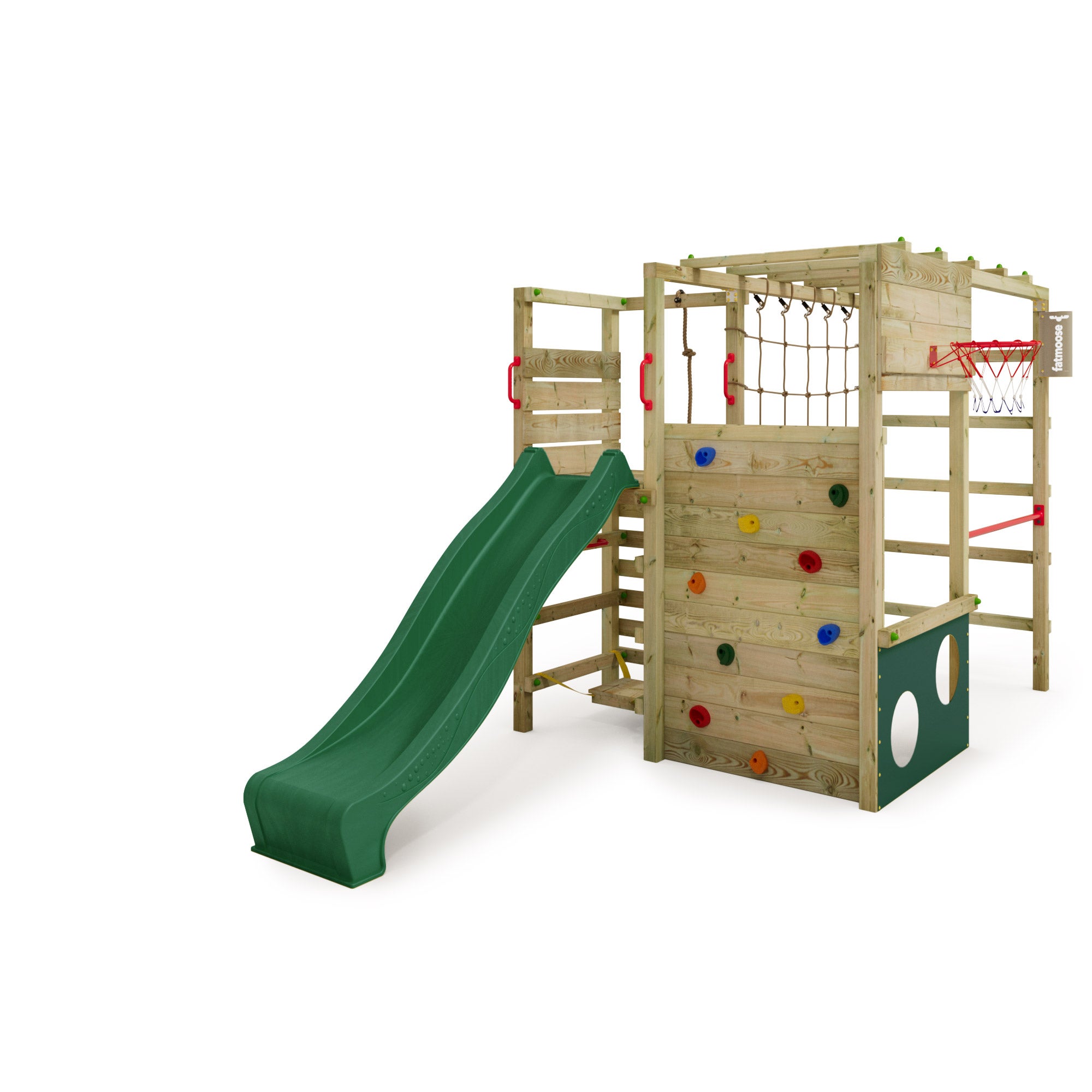 Tour de jeux bois FATMOOSE RiverRun Royal XXL avec double balançoire, toboggan pomme vert et Tour de jeux bois FATMOOSE RiverRun Royal XXL avec double balançoire, toboggan pomme vert et