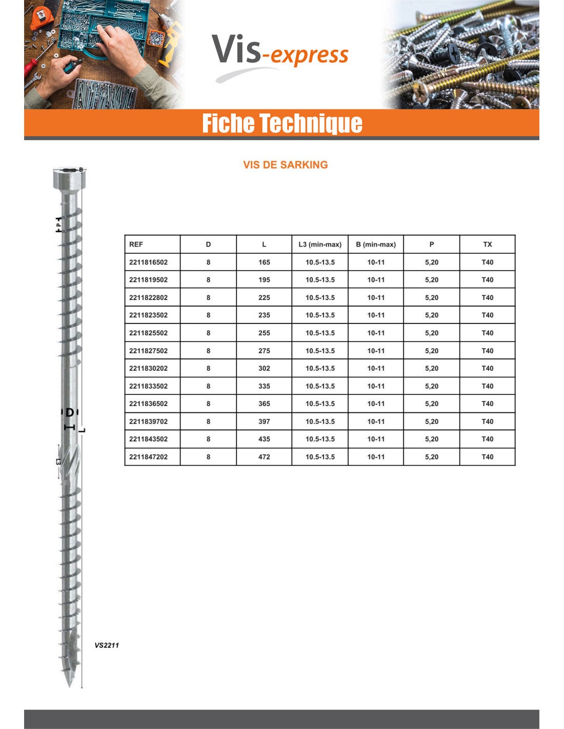 Vis de sarking Tête cylindrique TC double filetage TORX T40 8X225 Acier zingué-1 pièce - 2