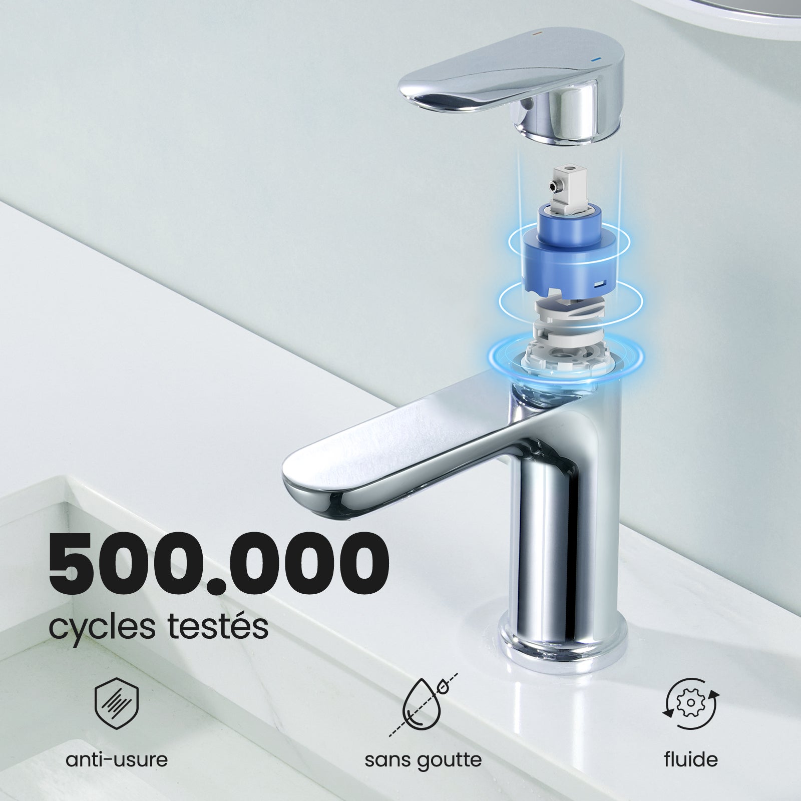 CECIPA MAX Moderne Mitigeur de Lavabo Rond avec bas Bec Robinet de lavabo et vasque Chrom Mitigeur pour Salle de Bain - 4