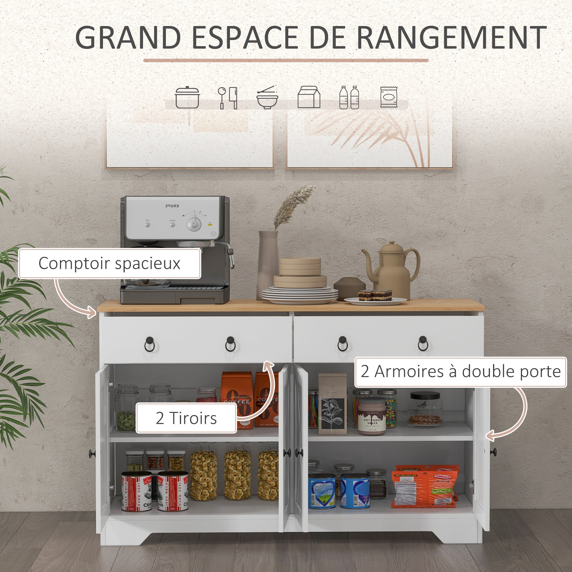 Buffet meuble de rangement armoire de cuisine style rural 2 tiroirs et 2 placards étagères à hauteurs réglables blanc - 6
