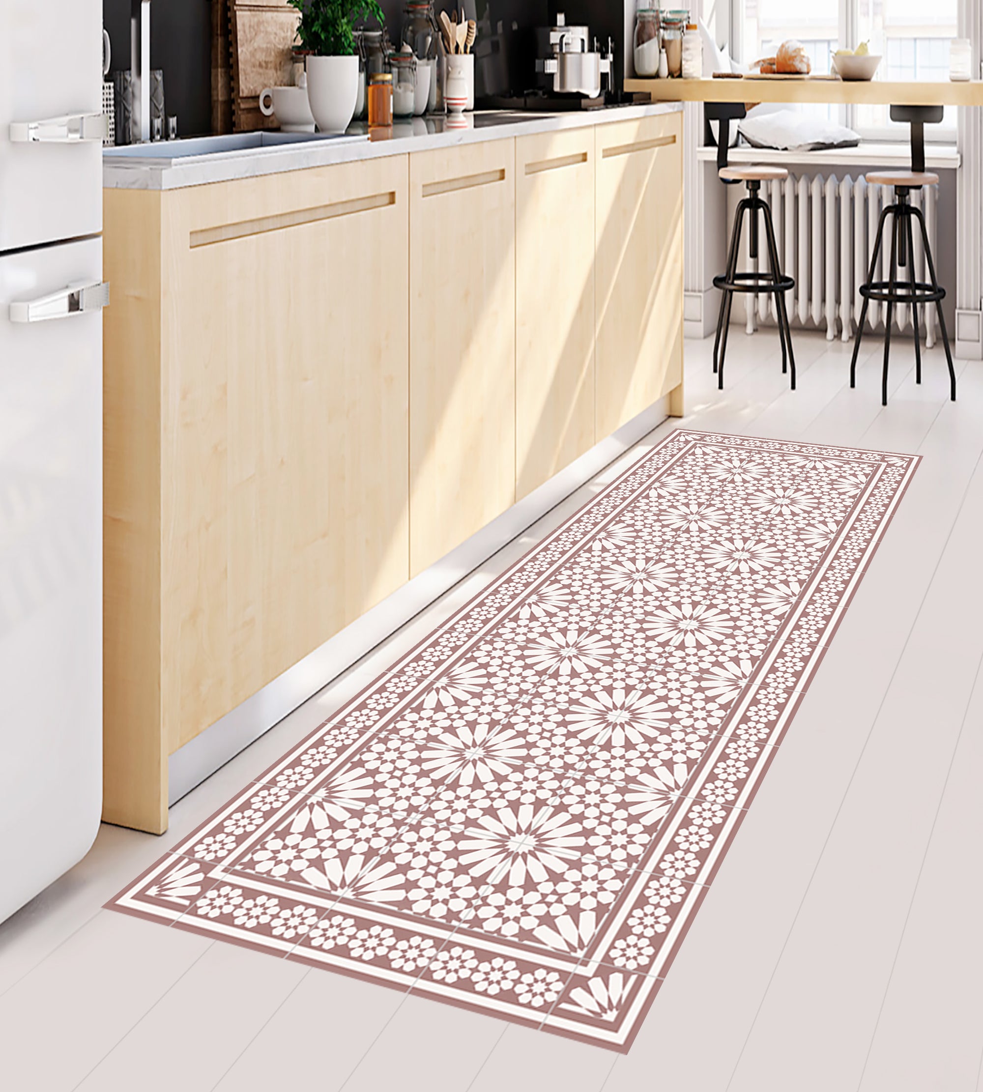 Tapis antidérapant en vinyle Samara terracota 80x300 cm - PVC imprimé, lavable, ignifuge, pour le salon ou la cuisine, style hydraulique - 2