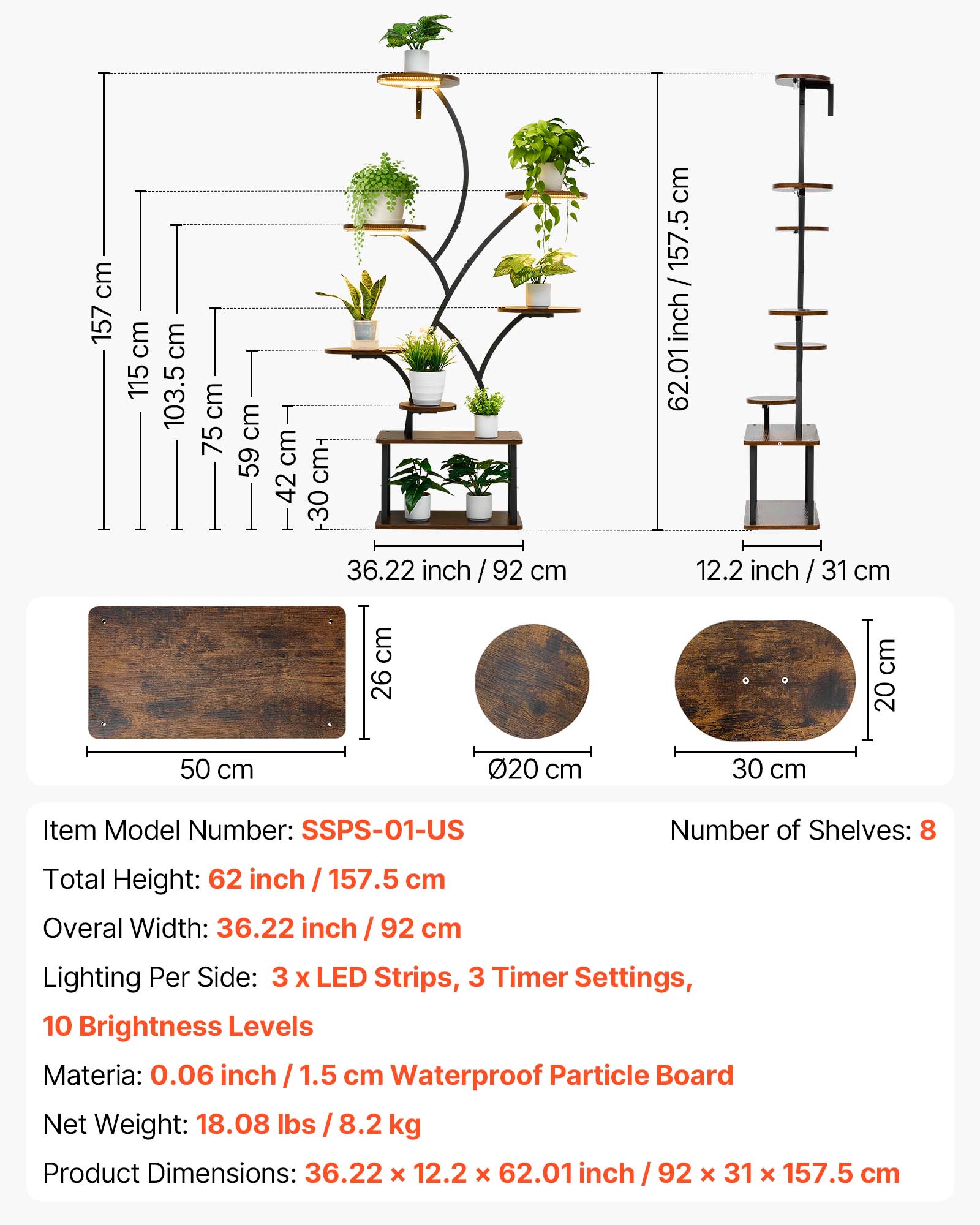 Support plantes intérieur VEVOR métal 8 niveaux, 157,5 cm, avec lampe croissance, 3 minuteries, 10 niveaux de luminosité, présentoir fleurs pour salon - 7
