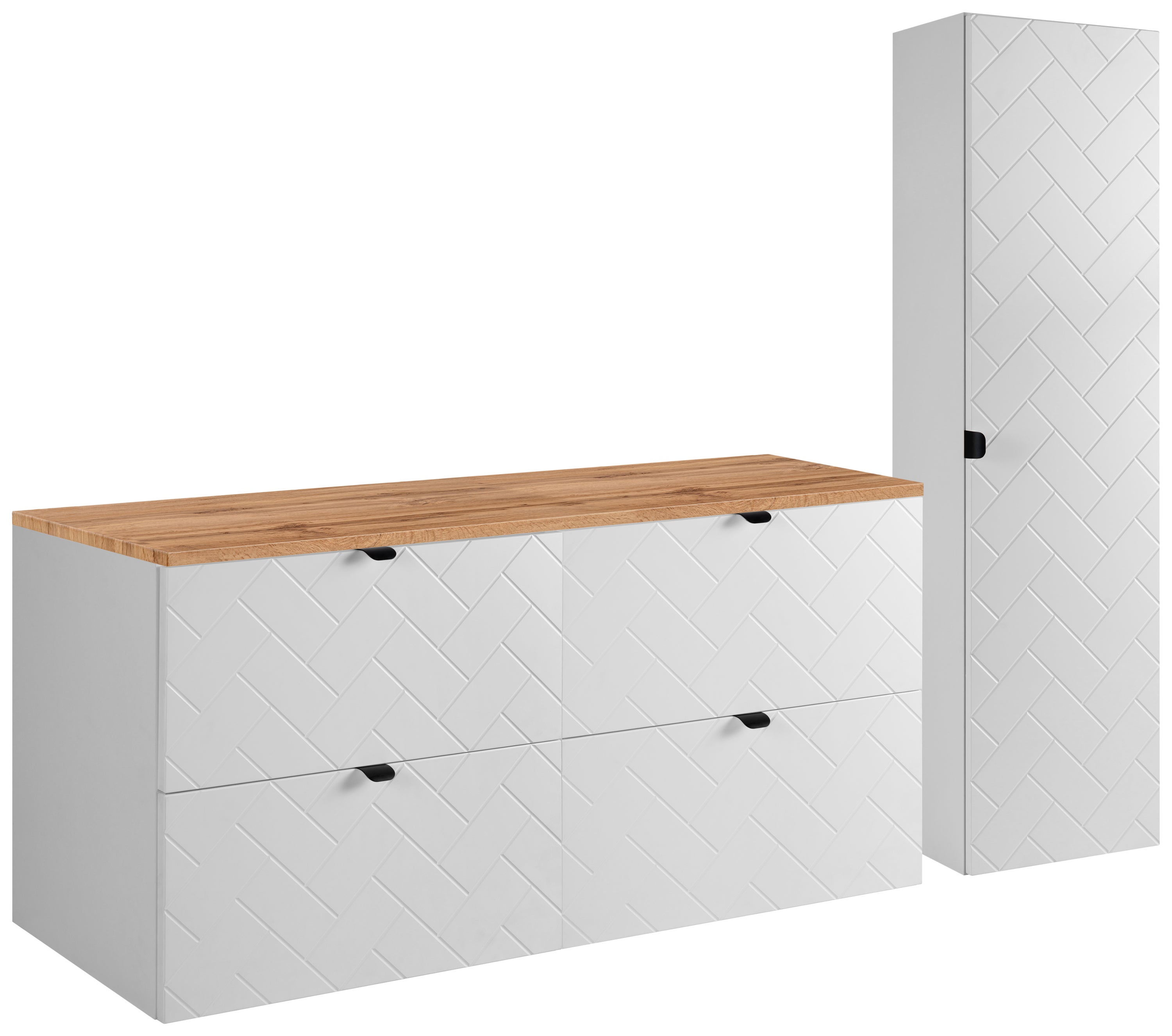 Biały zestaw mebli łazienkowych MADIS szafka 120 cm z blatem dąb wotan i słupkiem ryflowanym