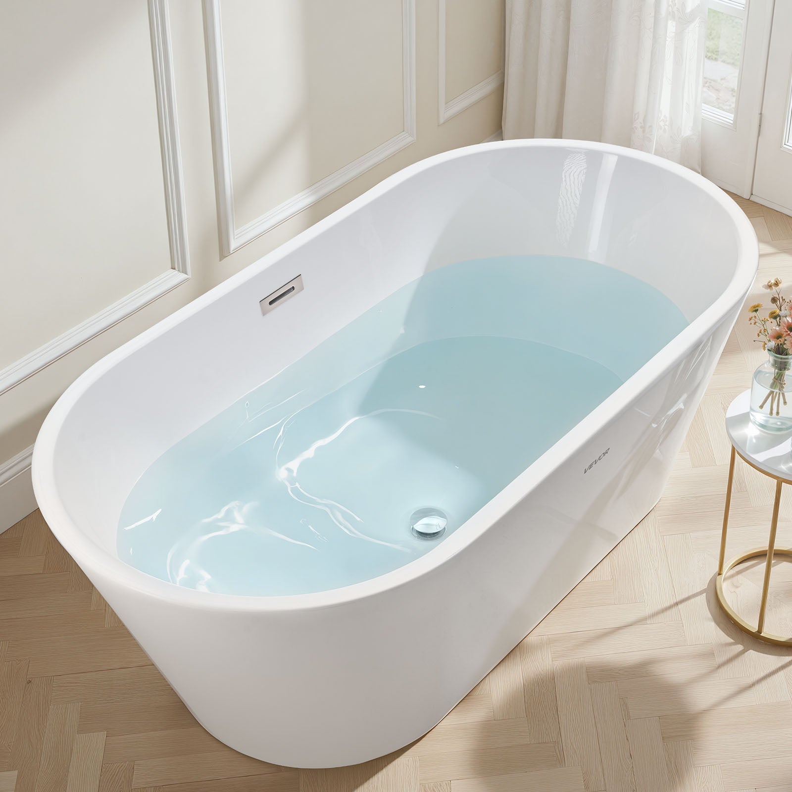 Bañera Autoportante VEVOR de Acrílico 150x75 cm, Bañera Isla Moderna 230 L con Rebosadero y Desagüe Níquel Cepillado, para Baño Relajante, Blanca - 8