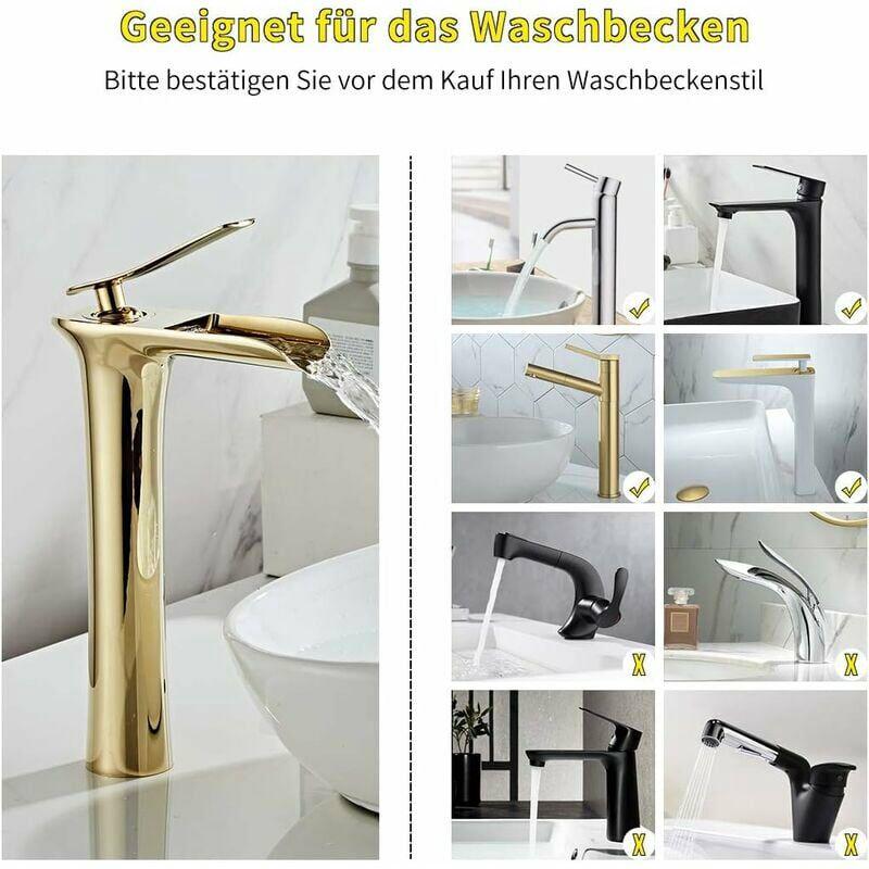 Grifo mezclador para lavabo, grifo de cascada alto para lavabo de baño, dorado - 4