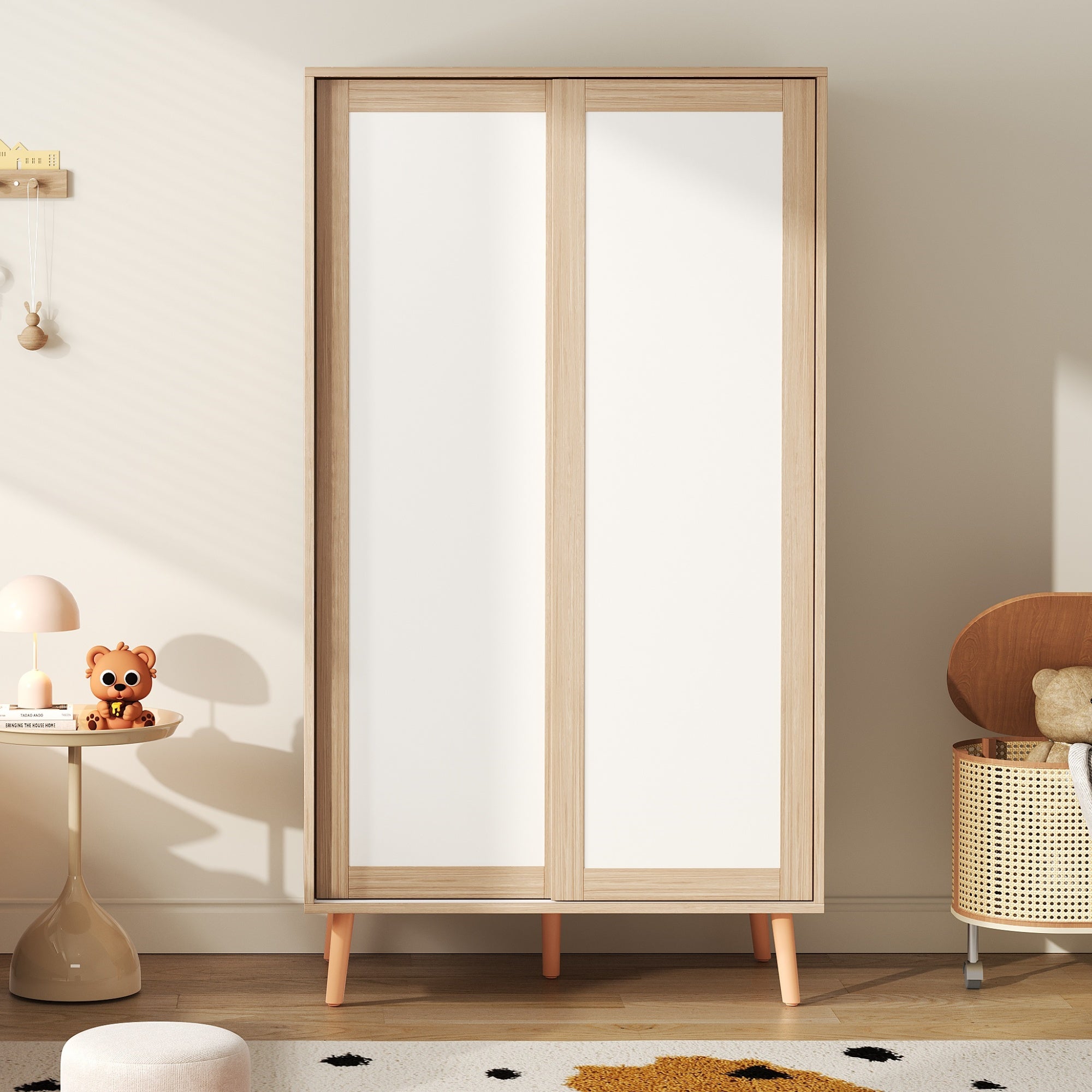 Armoire pour enfants avec 2 portes coulissantes - 80 x 46 x 141.5 cm - Bois massif + MDF - Blanc et naturel - 4