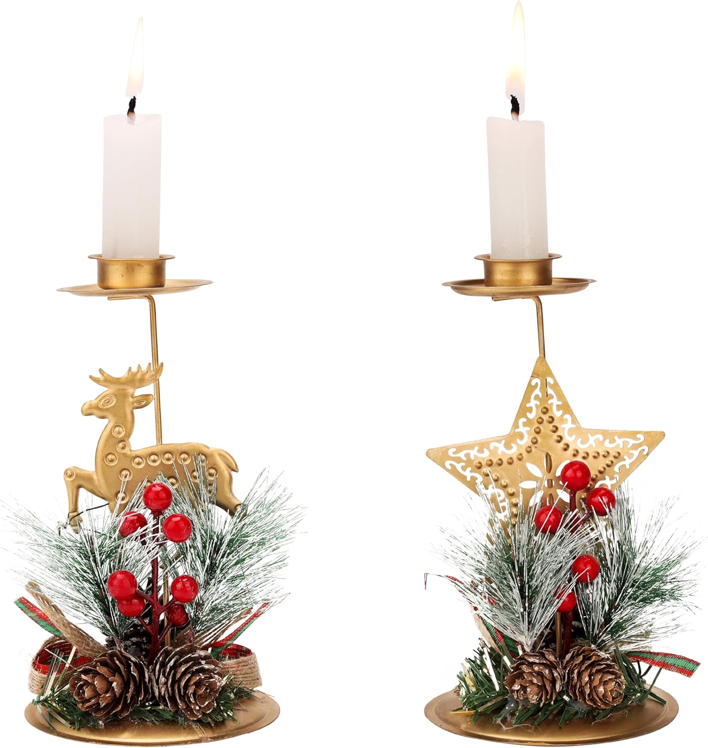 Lot De 2 Bougeoirs De Noël Rotatifs En Métal Doré - Motifs Cerfs Et Flocons - Décoration De Table