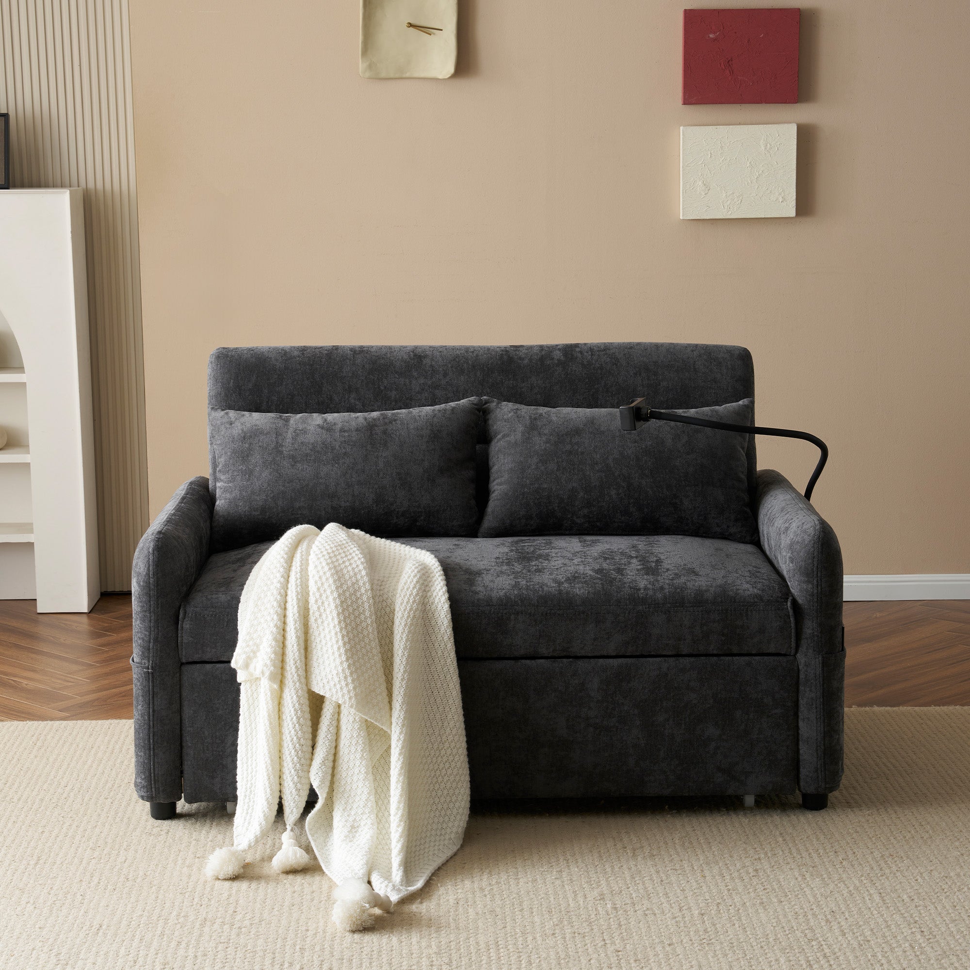 Canapé convertible 2 places avec dossier réglable - Support et prise USB - Tissu chenille - Fonction sommeil - Gris - 2