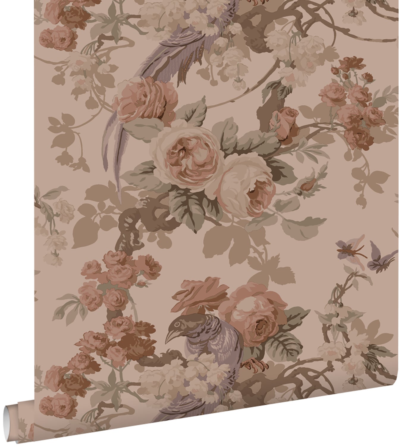 Papel pintado flores y pájaros rosa viejo - 50 x 900 cm - estahome