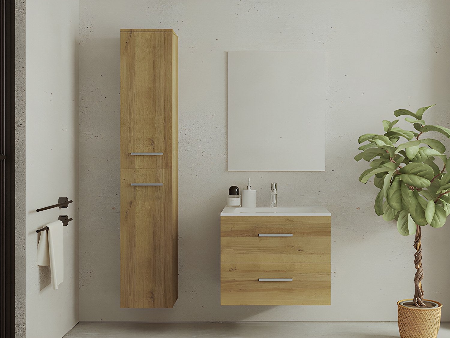 Szafka łazienkowa wisząca z umywalką i szafką typu słupek - Naturalny jasny - 60 cm - KAYLA