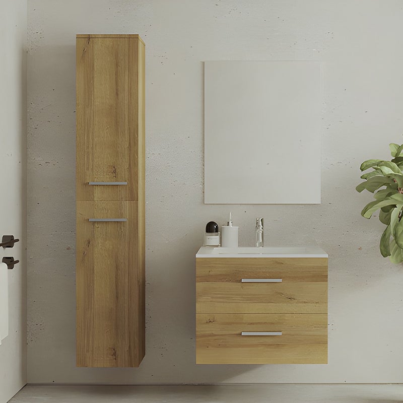 Szafka łazienkowa wisząca z umywalką i szafką typu słupek - Naturalny jasny - 60 cm - KAYLA