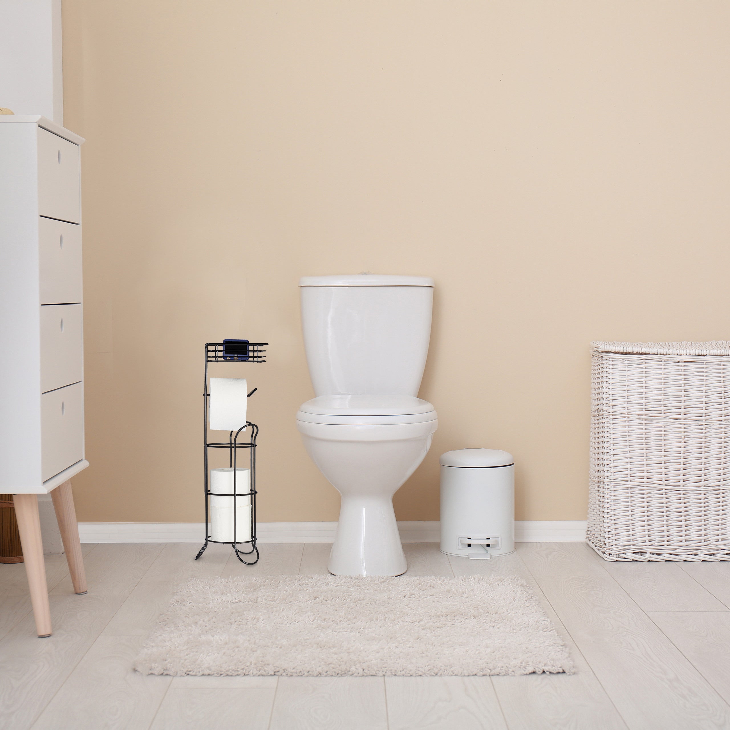 Relaxdays porte-papier toilette, vertical, avec support, 3 rouleaux, moderne, métal, HLP 57,5x18,5x17,5 cm, noir - 5