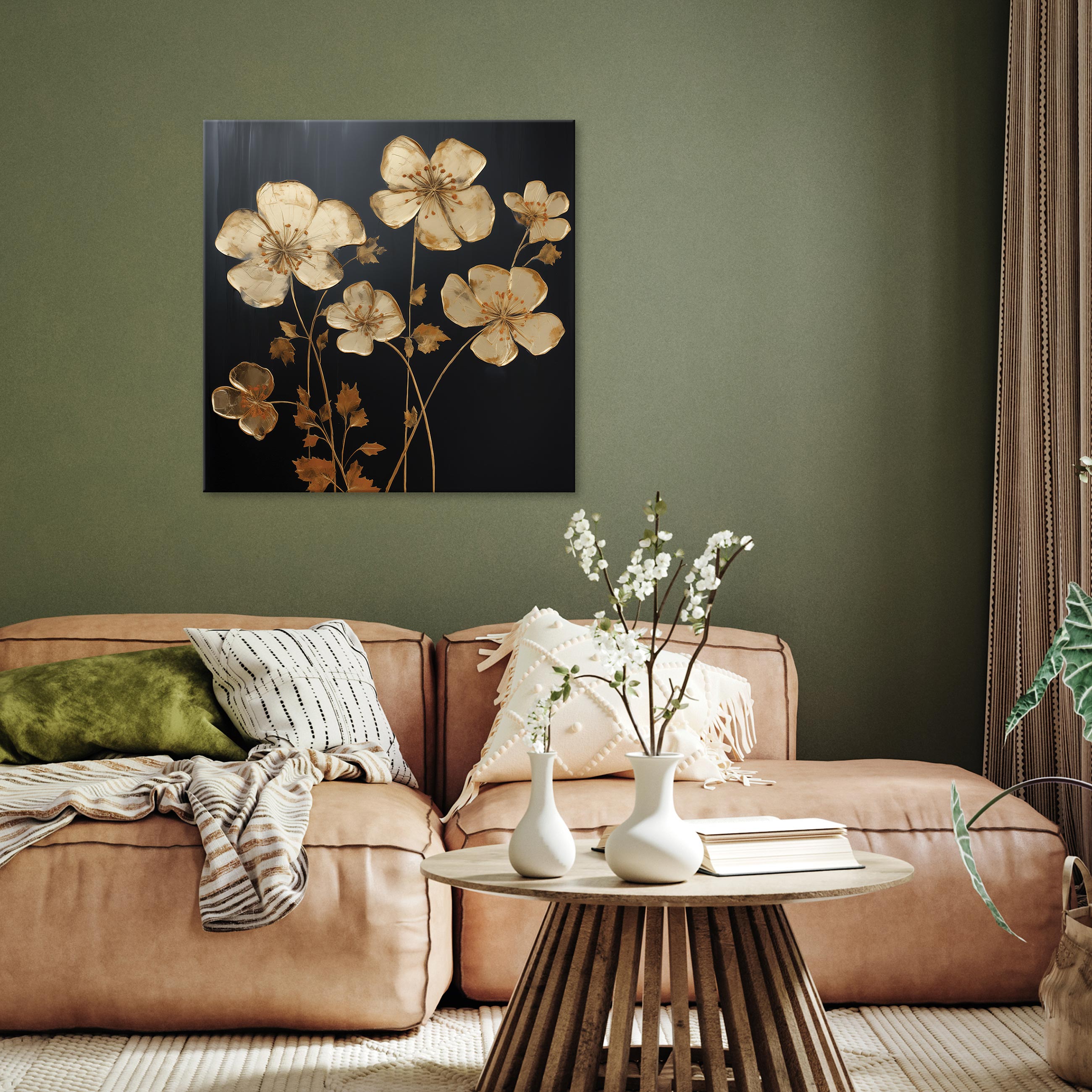 Quadro Murale Fiori Gigli 200x100 Cm - 5 Pezzi XXL, Design Beige E Marrone Per Soggiorno