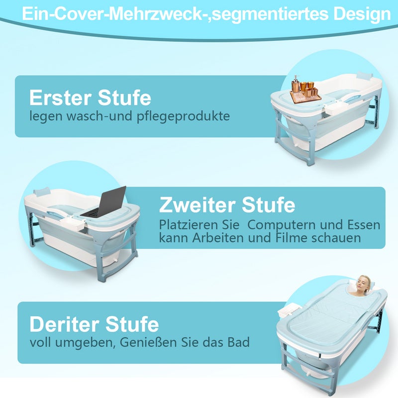 Bañera plegable para adultos de 118 cm de largo, portátil con tapa extraíble para baños pequeños, color azul - 3